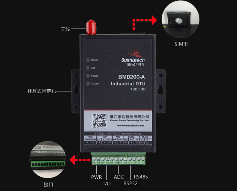 BMD200 DTU接口豐富，方便聯(lián)接各種智能設(shè)備